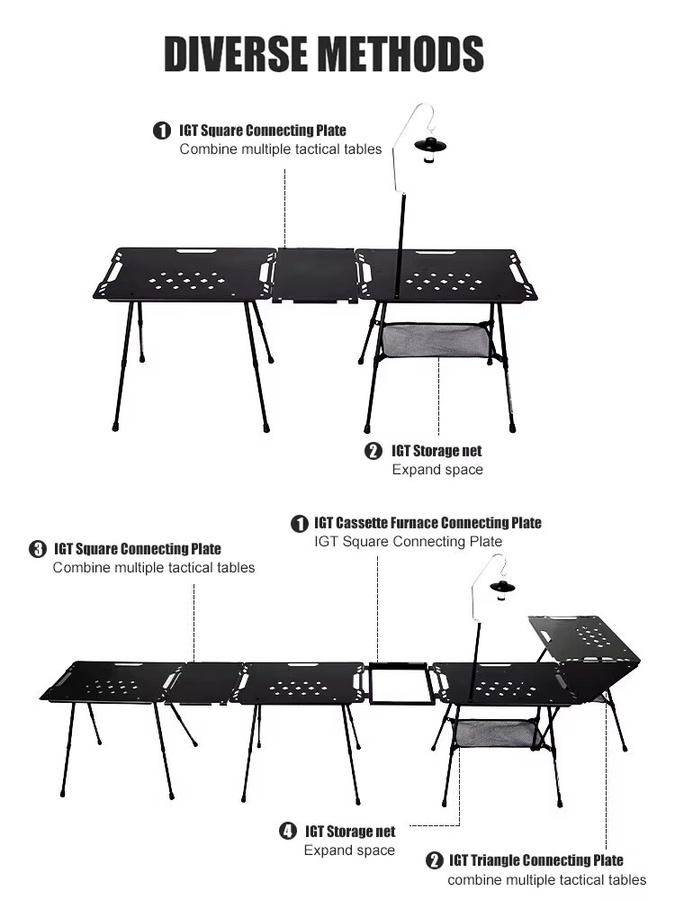 Wettune Taktischer Campingtisch aus Aluminiumlegierung mit Zubehör, klappbarer Multifunktionstisch für Outdoor und Garten, Schwarz Matt - Bild 3