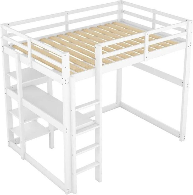 KOMHTOM Hochbett für Kinder aus Kiefernholz mit 4 Staufächern und Schreibtischplatte, Weiß, B/T/H: 200 x 140 x 185 cm - Bild 1