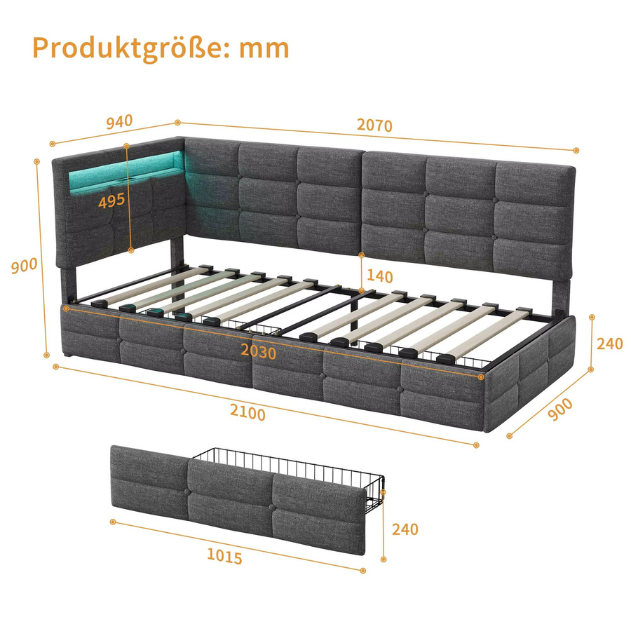 FANGANGE L-förmiges Polsterbett aus Leinen mit LED-Streifen und Stauraum, B/T: 90 x 200 cm, Beige & Grau - Bild 4