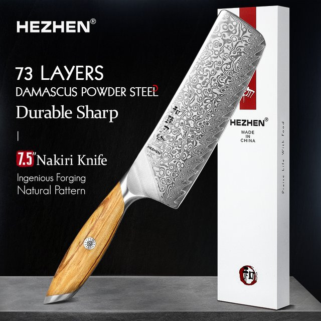 HEZHEN Nakiri-Messer aus 73-lagigem Damast-Stahl mit Olivholzgriff, 7 Zoll - Bild 1
