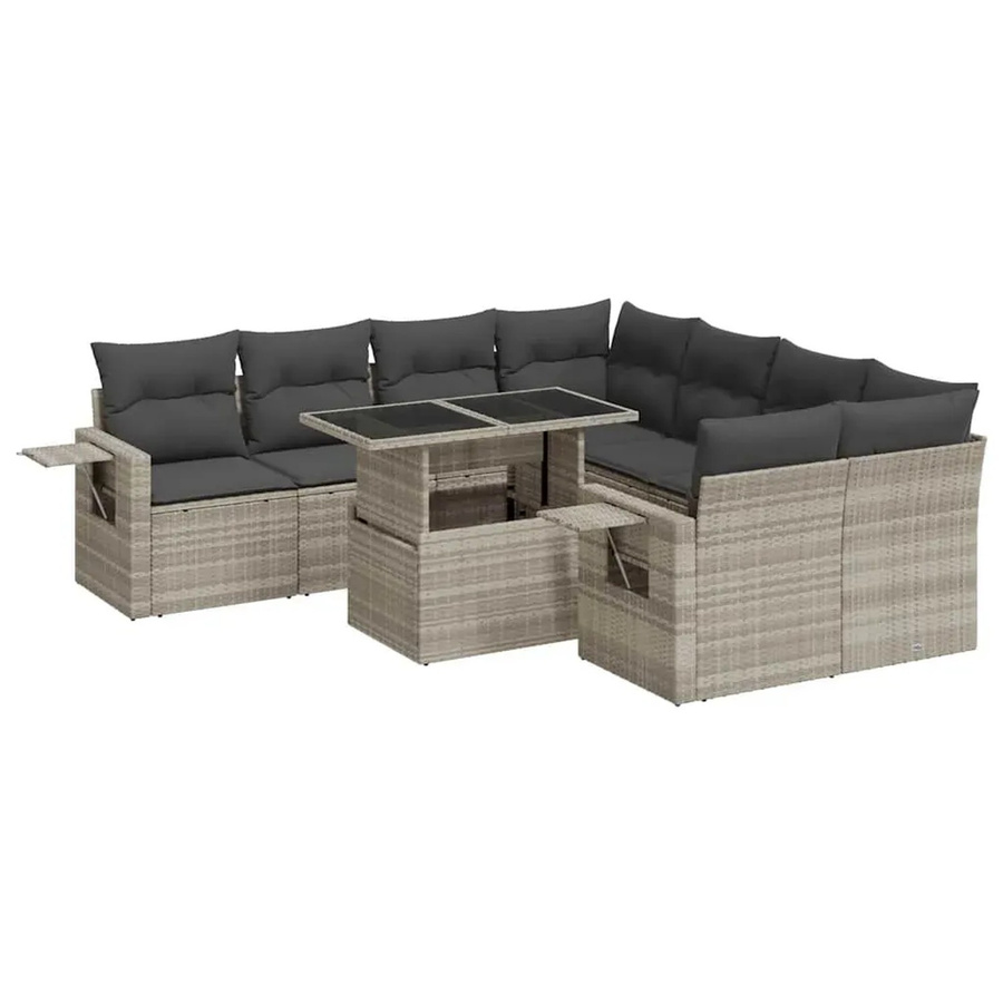 vidaXL 9-teilige Garten-Sofagarnitur in L-Form aus Polyrattan mit Kissen und Couchtisch, Hellgrau - Bild 2
