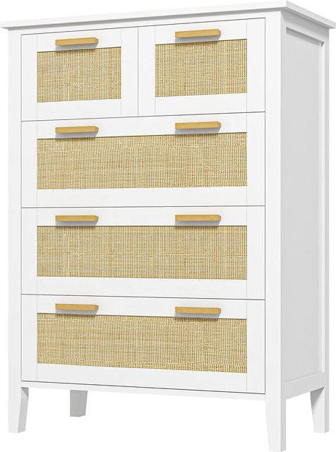 HOMCOM Kommode mit 5 Schubladen in Weiß mit Rattan-Design und Holzgriffen für Schlafzimmer, Wohnzimmer oder Büro - Bild 1