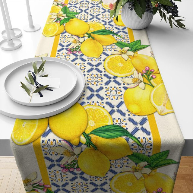 JINGYUE Pet Tischläufer mit Zitronen- und Blumenmuster in Gelb und Blau, B/H: 150 x 33 cm - Bild 1