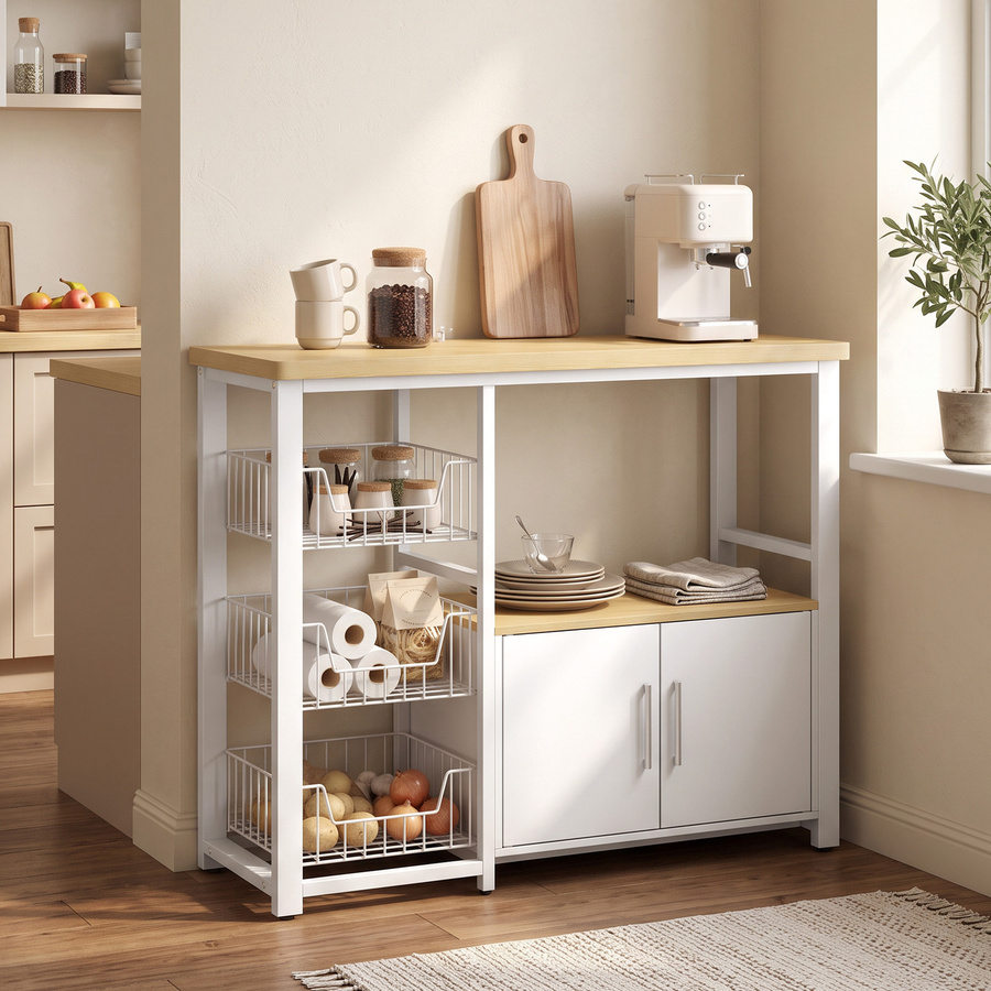 Aosom Küchenschrank mit 3 Körben und 2 Türen in Weiß und Eiche, Mikrowellenständer mit Arbeitsplatte für Küche und Esszimmer, B/T/H: 100 x 35 x 80 cm - Bild 2