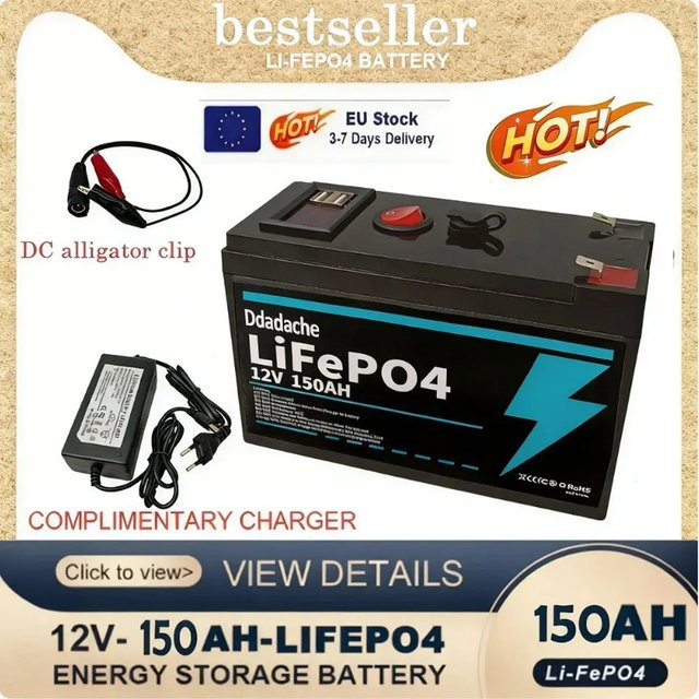 12V 150Ah LiFePO4 Lithium Batterie mit USB-A und USB-C Anschluss in Schwarz für Solar, Marine und Camping - Bild 1