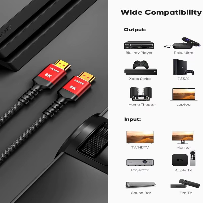 MIZIQIER 2er-Pack HDMI 2.1 Kabel in Rot, 8K Hochgeschwindigkeits-Kabel mit 48 Gbit/s, geflochten, unterstützt 8K@60Hz und 4K@120Hz, kompatibel mit PS5, PS4, Roku TV und RTX 3080/3090 - Bild 5