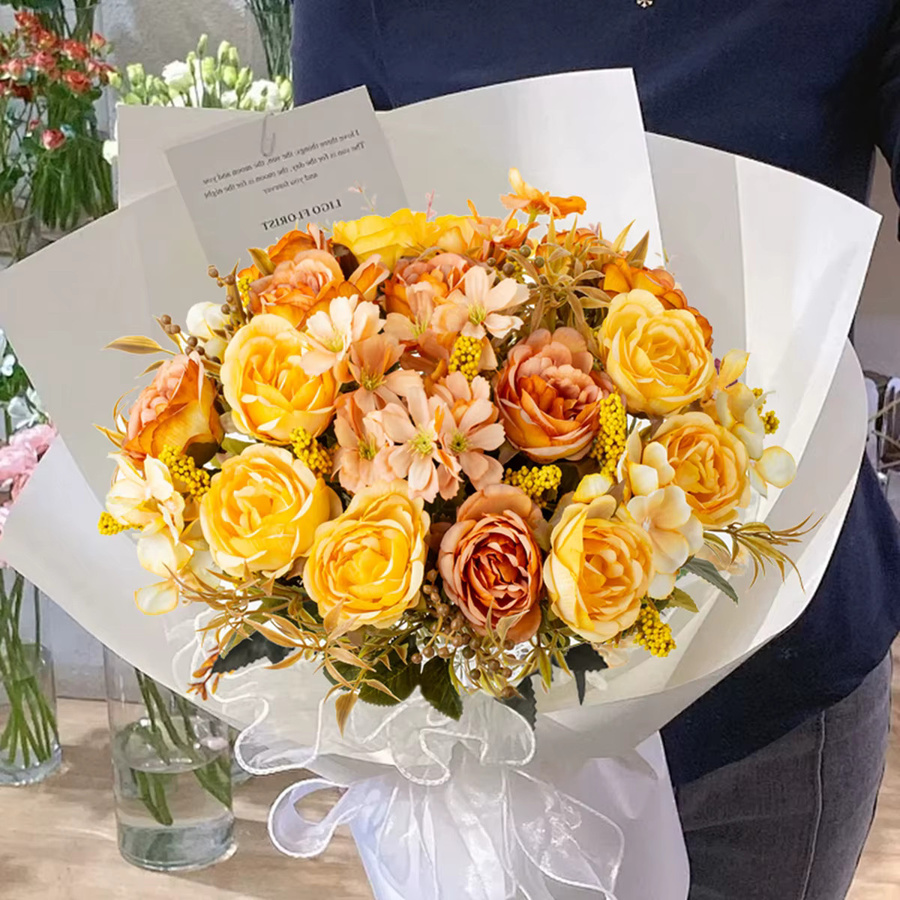 Künstliche Seidenrosen und Pfingstrosen in Orange für Hochzeits-Brautsträuße und Tischdekoration - Bild 1
