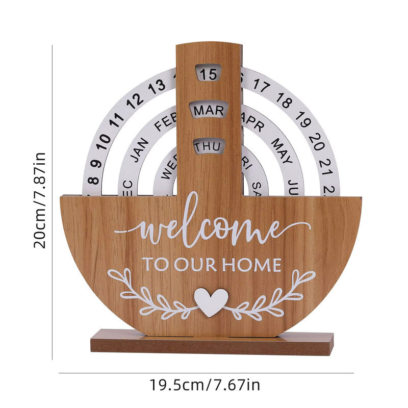 Ewiger Kalender aus Holz in Braun mit rotierendem Plattenspieler-Design für Büro und Schreibtisch - Bild 2