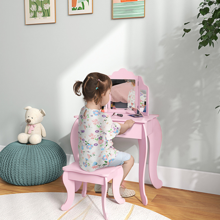 HOMCOM Kinderschminktisch mit Hocker und verstellbarem Spiegel in Rosa für Mädchen von 3-6 Jahren - Bild 2