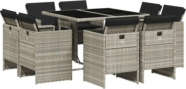 vidaXL 9-teilige Garten-Essgruppe aus Poly-Rattan mit Kissen in Anthrazit und Hartglas-Tischplatte - Bild 1
