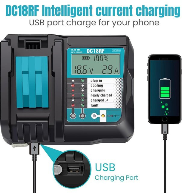 Aleaivy DC18RF Li-Ion Superschnelles Ladegerät für 14,4V-18V Lithium-Akkus BL1860B, BL1830, BL1415, BL1440 mit LED-Anzeige und USB-Anschluss in Schwarz - Bild 1