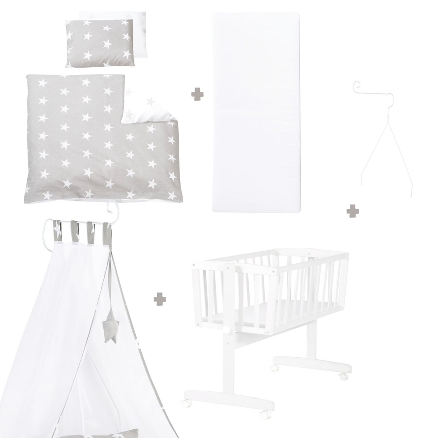 Roba Komplettwiegenset Little Stars in Weiss und Grau aus Massivholz mit Baldachinrahmen - Bild 2