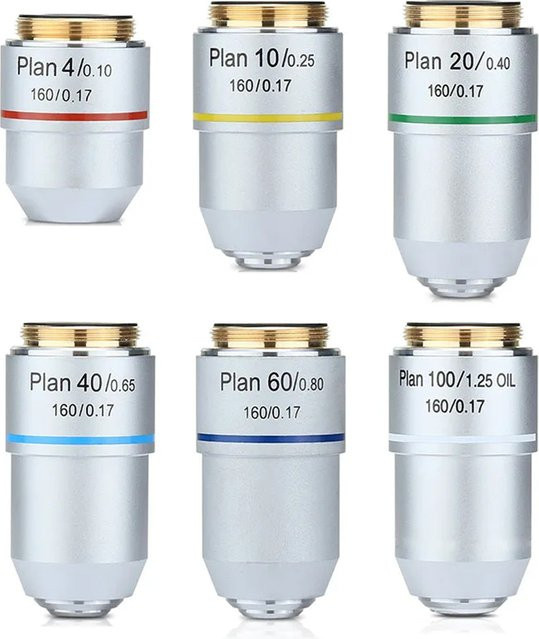 VBNM Planachromatisches Objektiv-Set für biologische Mikroskope mit RMS-Gewinde 160/0,17 in Silber, Vergrößerungen 4X bis 100X - Bild 1