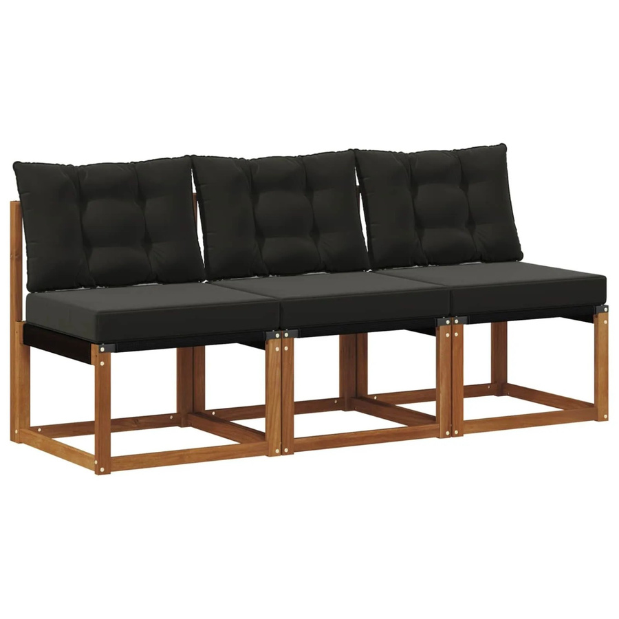 vidaXL 3er Set Outdoor Mittelsofa aus Akazienholz mit Textilene und Sitzkissen, Schwarz - Bild 2
