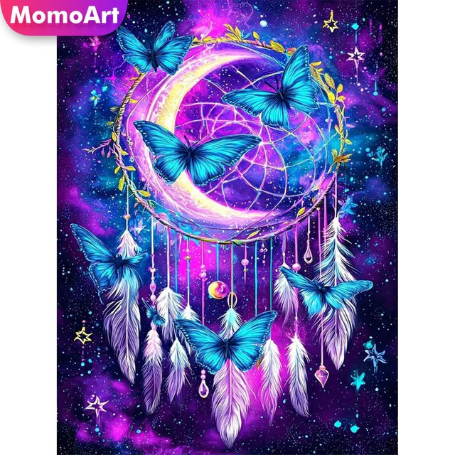 Momoart Diamantmalerei Schmetterling Traumfänger-Landschaft DIY Stickerei Wandkunst, Mehrfarbig, B: 30,0 cm, H: 20,0 cm, T: 20,0 cm - Bild 1
