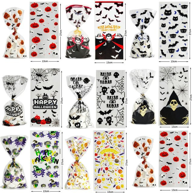 50 Stück Halloween Zellophan Tüten mit Kürbis, Schädel und Fledermaus Motiven, transparente Plastiktüten für Süßigkeiten und Geschenke zur Party Dekoration - Bild 1