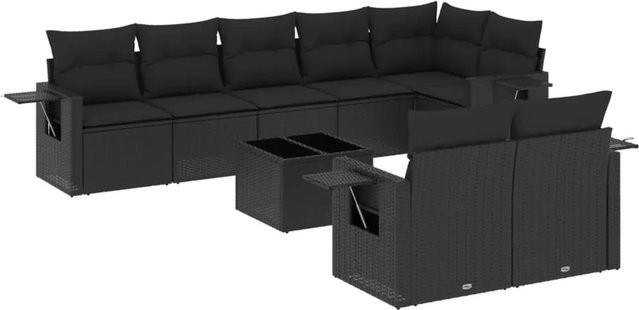 vidaXL 9-tlg Garten-Sofagarnitur in L-Form aus schwarzem Poly-Rattan mit Kissen und pulverbeschichtetem Stahlgestell - Bild 1