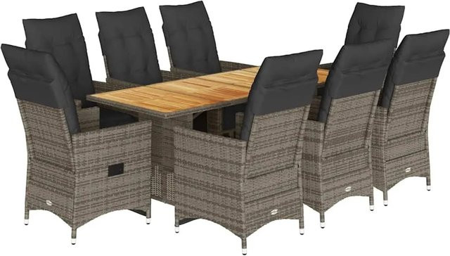 vidaXL 9-teiliges Garten-Bistro-Set aus Poly Rattan und Akazienholz in Grau mit Kissen - Bild 1