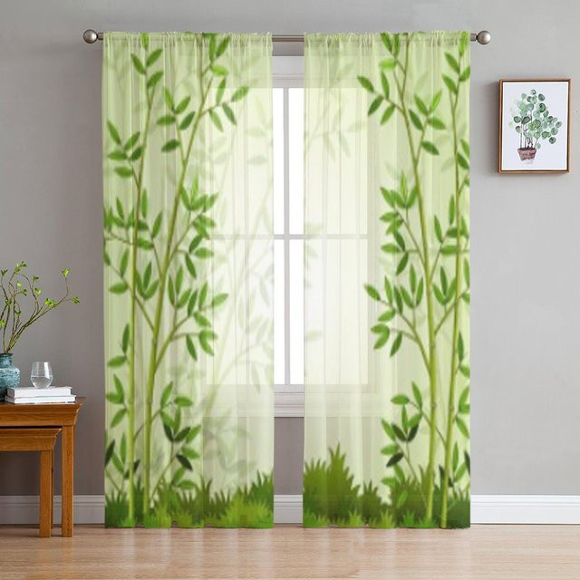 Super Six Transparente Tüll Vorhänge Bambusbaum in Waldgrün, Organza Voile Vorhang für Wohnzimmer, Schlafzimmer und Küche, B: 135 cm, H: 114 cm - Bild 1