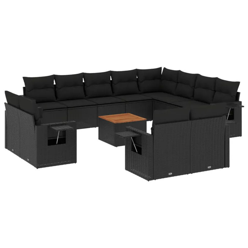 vidaXL 13-tlg. Garten-Sofagarnitur in L-Form aus Poly-Rattan und Akazienholz mit Kissen, Schwarz - Bild 5