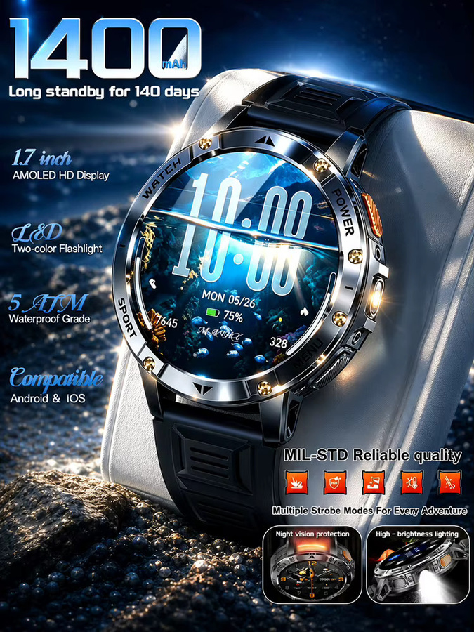 GUHUAVMI TANK Ultra Outdoor Smartwatch für Herren in Schwarz und Multicolour mit 1400 mAh Akku, wasserdicht und taktischer LED-Taschenlampe - Bild 1
