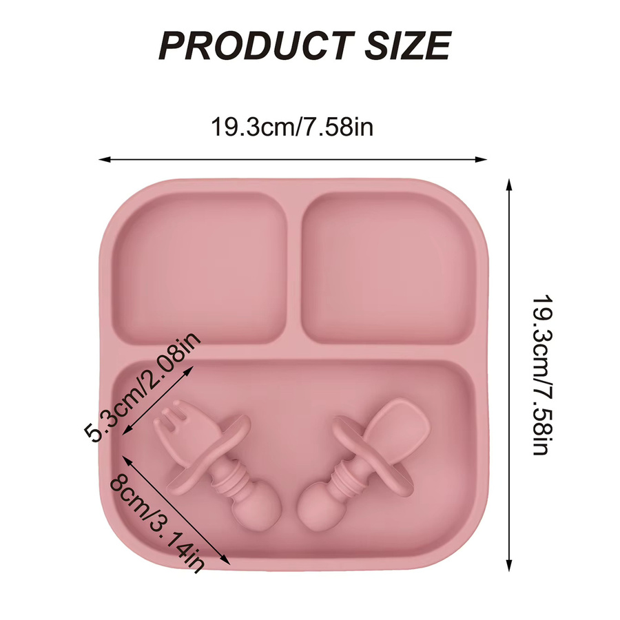 BPA-freies Silikon Baby Fütterungsset mit quadratischem Saugteller sowie Löffel und Gabel in Gelb für Kinder von 0 bis 6 Jahren - Bild 3