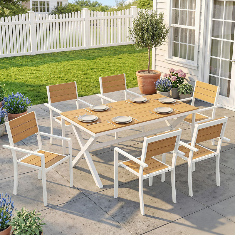 Outsunny Gartenmöbel Set 7-teilig in Teak-Holzoptik mit Tisch und 6 stapelbaren Stühlen, braun, Aluminiumrahmen und Lamellsitz - Bild 2