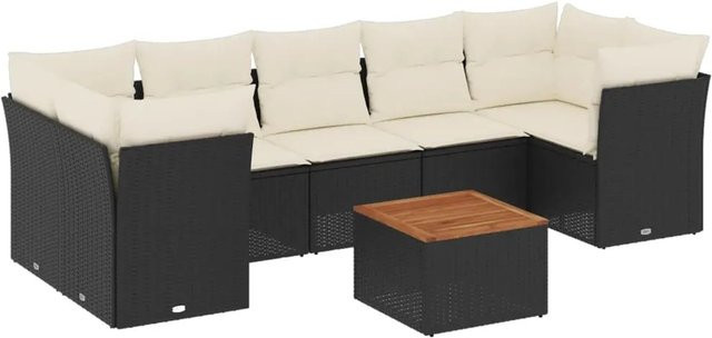 vidaXL 8-teilige Garten-Sofagarnitur in L-Form aus Poly-Rattan und Akazienholz mit Kissen in Schwarz und Cremeweiß - Bild 1