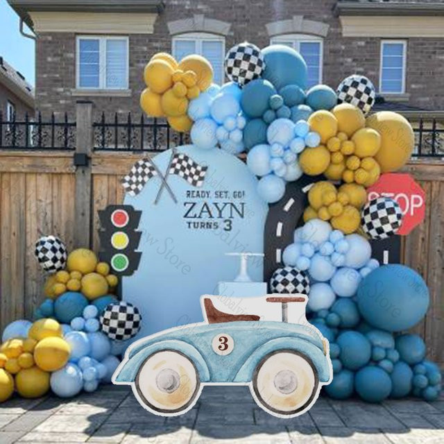 Rennwagen Geburtstagsparty-Dekorationsset mit Ballonbogen und Rennwagen-Ausschnitten in Senfgelb und Blau für Kinder - Bild 1