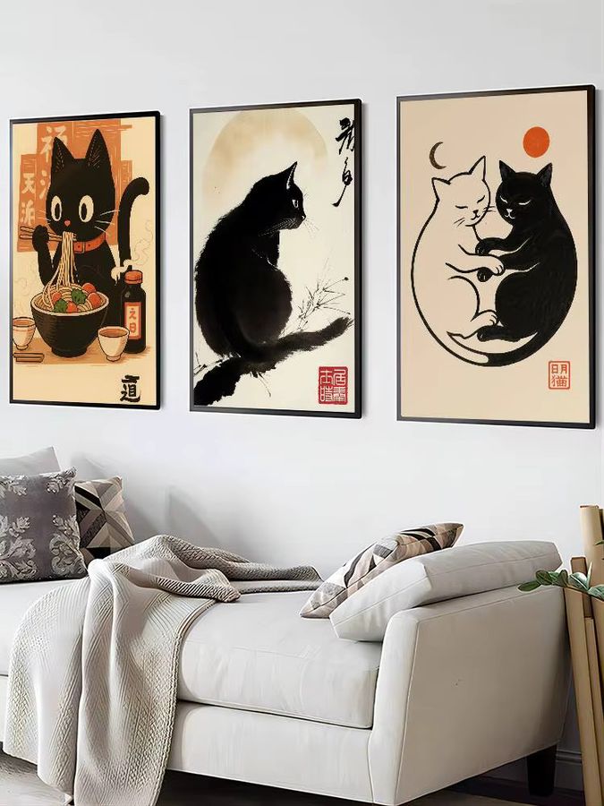 Retro Wandkunst Poster mit schwarzer Katze, Sushi und Espresso in Multicolor, rechteckig und ohne Rahmen - Bild 7