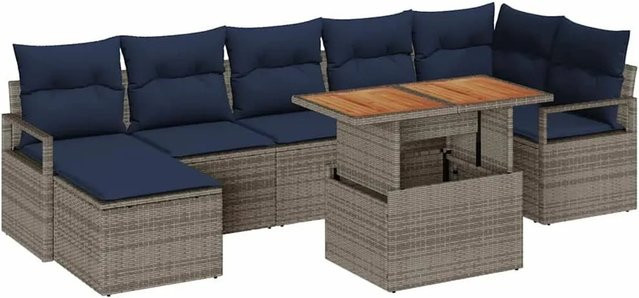 vidaXL Garten Essgruppe aus Akazienholz mit 8 Teilen und Kissen in Grau und Marineblau - Bild 1