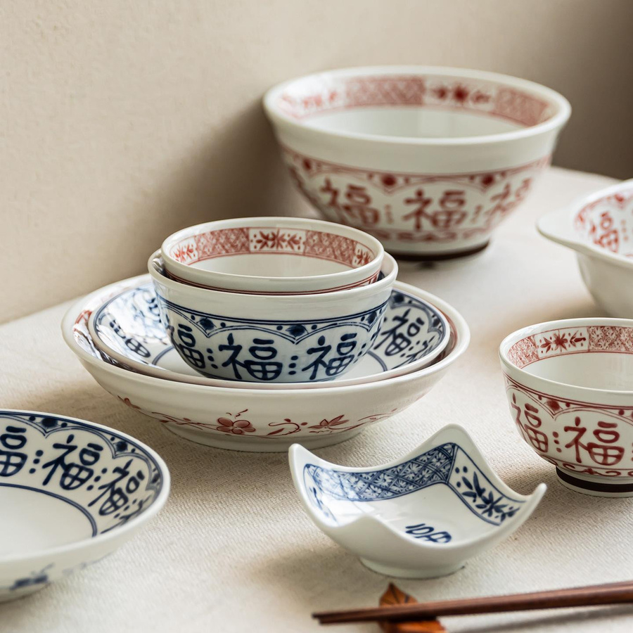 Manfu Keramikgeschirr-Set im chinesischen Stil mit Fu-Zeichen in Rot, Blau oder Weiß - Bild 1