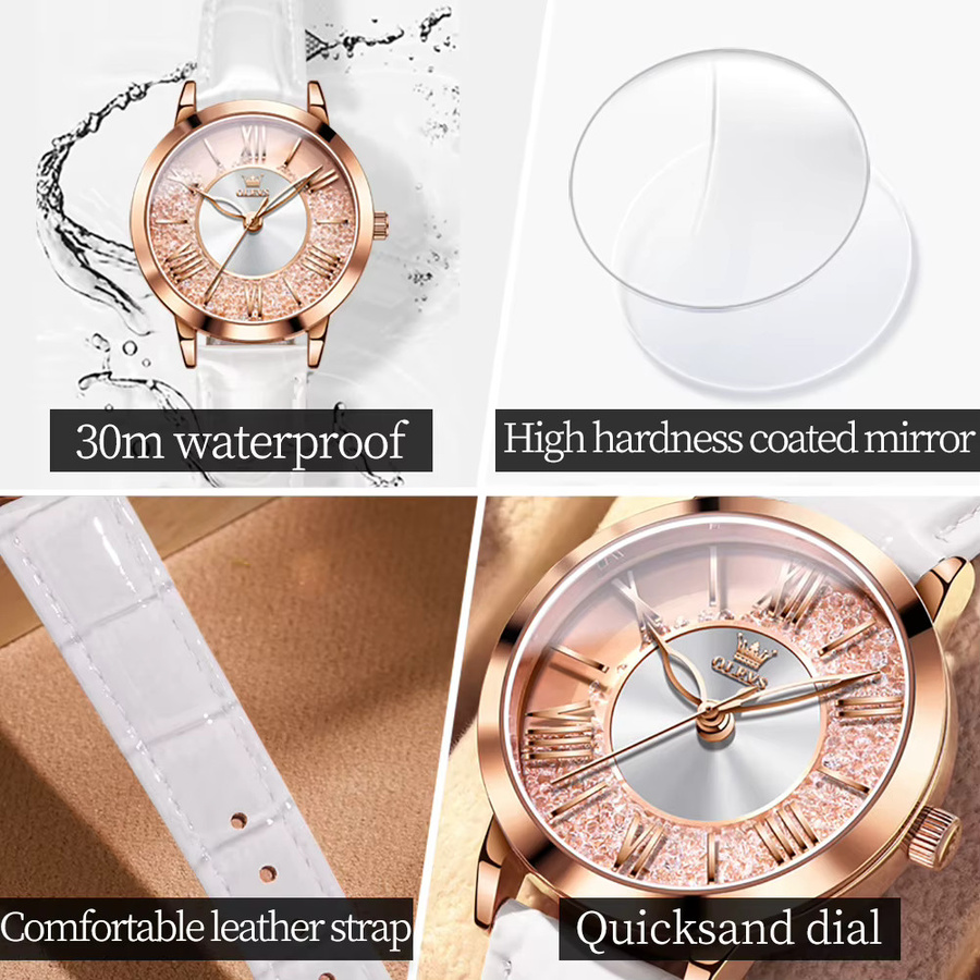 OLEVS Armbanduhr Damen, Quarz, Leder, Roségold, Kristall - Bild 3