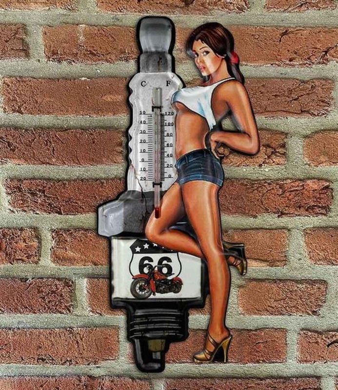 Wand-Thermometer Route 66 Pin-Up Girl Retro Vintage-Deko aus Metall, mehrfarbig - Bild 1