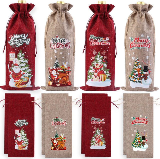 4er-Set Weihnachts-Rotweintaschen aus Leinen in Rot mit Kordelzug, 15 x 35 cm - Bild 1