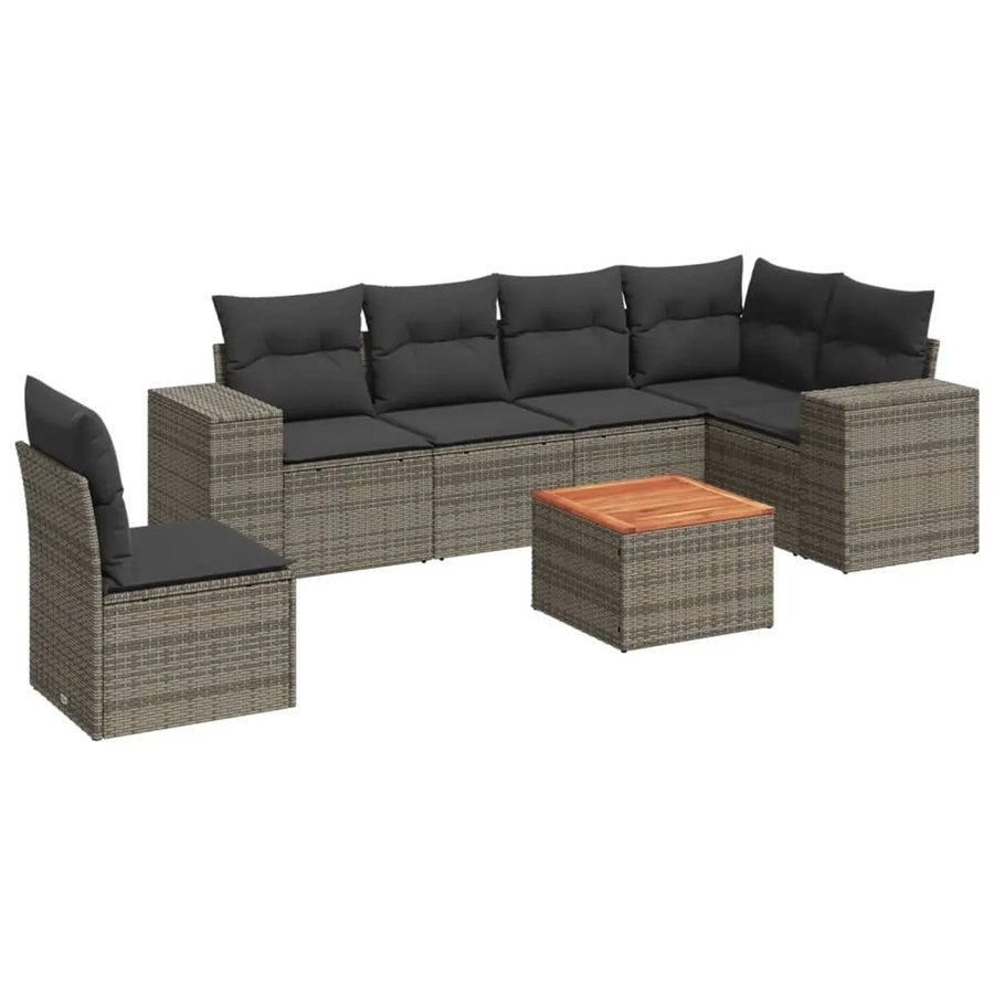 vidaXL 7-tlg Garten-Sofagarnitur in L-Form aus Polyrattan und Akazienholz mit Kissen, Grau - Bild 2