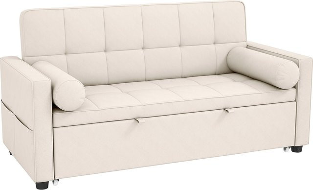 HOMCOM 3-in-1 Schlafsofa 2-Sitzer als ausziehbares Doppelbett mit verstellbarer Rückenlehne und 2 Kissen in Beige mit Leinenoptik-Stoff und Armlehnen-Taschen - Bild 1