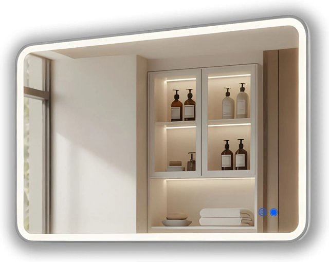 ARTFORMA LED Badspiegel Rechteckig mit Abgerundeten Ecken in Silber, B: 100 cm, H: 70 cm, mit Beleuchtung, Rahmen Gebürstetes Silber und Antibeschlag-Funktion, Touch-Bedienung, IP44 - Bild 1