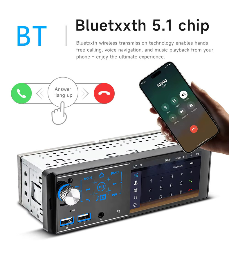 BQCC 1DIN MP5 Auto-Player mit Bluetooth, Apple CarPlay, Android Auto, USB und SD-Karten-Unterstützung, 4,1 Zoll, Schwarz - Bild 2