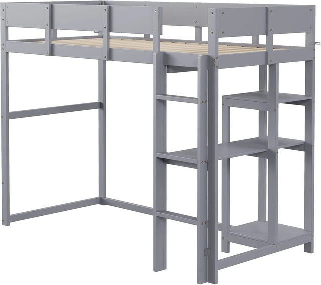 Merax Hochbett für Kinder aus Kiefernholz und MDF mit Lattenrost und Treppe in Grau und Weiß, B/T/H: 204 x 90 x 160 cm - Bild 1
