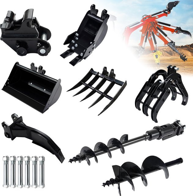 MMS 8-in-1 Mini-Bagger Anbaugeräte Set mit Schnellwechsler, Ripper, Rechen, Greifer und Erdbohrer - Bild 1