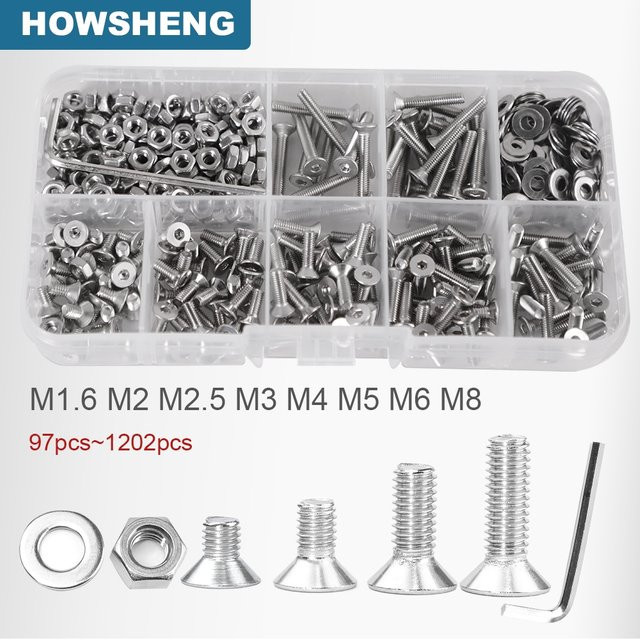 Howsheng Edelstahl 304 Innensechskant-Flachkopfschrauben und Muttern-Set mit Unterlegscheiben in Silber, Sortiment M1,6 bis M8 - Bild 1