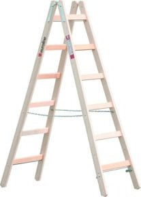 Euroline Holz-Sprossenstehleiter Nr. 10501 mit Eimerhaken, 2 x 7 Sprossen, mehrfarbig - Bild 1