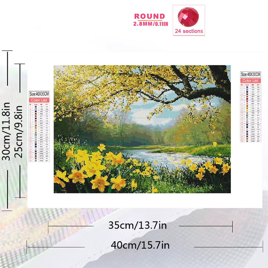 Momoart DIY Diamant-Stickerei Set Flusslandschaft und Blumen in Multicolour, Rundes Diamant-Mosaik als Wandbild - Bild 2