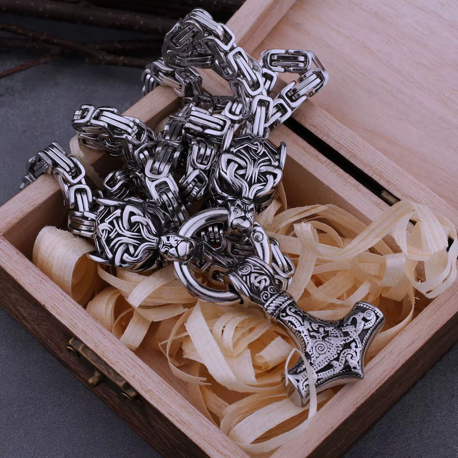 Halskette Edelstahl, Wolf Kopf, Thors Hammer, Herren - Bild 3