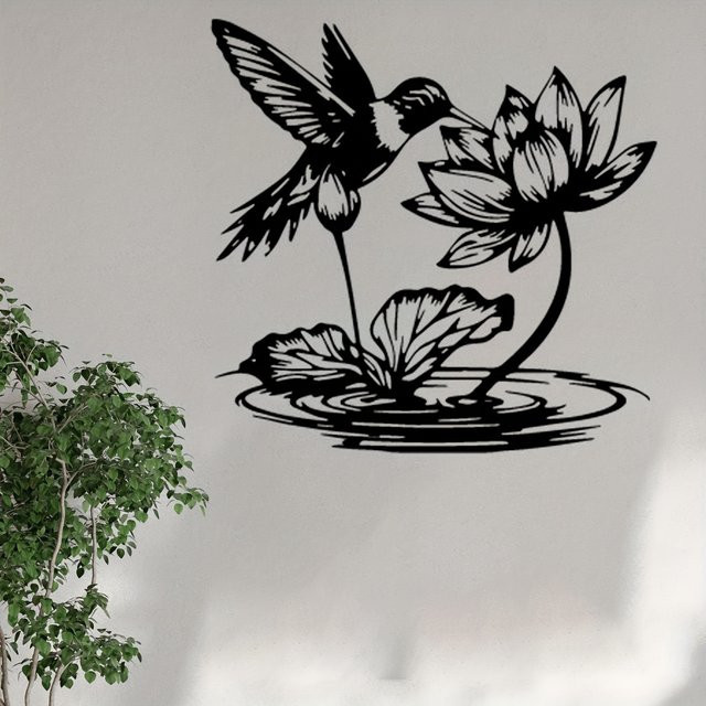 CIFBUY Metall-Wandkunst Kolibri & Lotus Gartenskulptur in Schwarz als Außenzaun-Dekoration - Bild 1