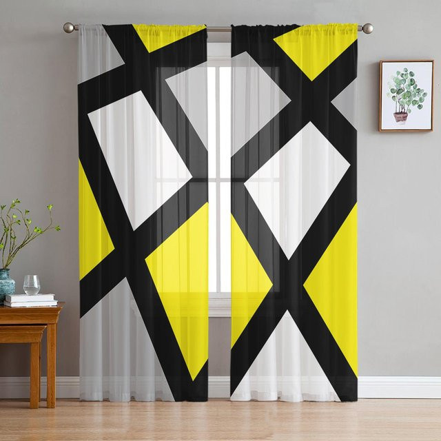 Transparente Tüll-Voile-Vorhänge mit geometrischem Design in Gelb, Schwarz und Grau von Household supplies MH, Breite: 135 cm, Höhe: 185 cm - Bild 1