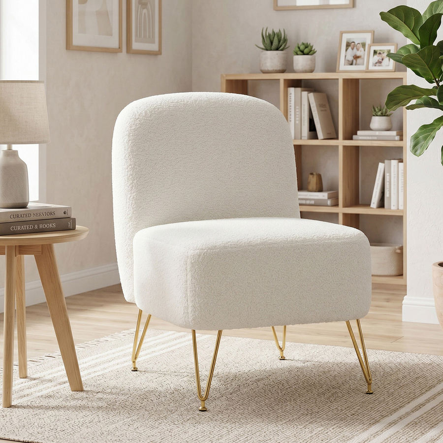 HOMCOM Sessel ohne Armlehnen aus weißem Bouclé mit goldfarbenen Metallfüßen, moderner Polstersessel für Wohnzimmer, Schlafzimmer oder Home Office - Bild 2