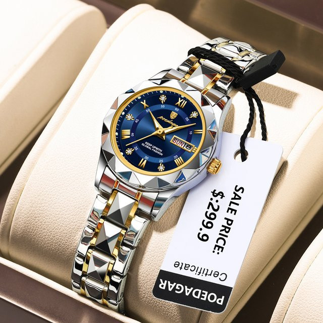 POEDAGAR Armbanduhr Edelstahl, Quarz, Damen, Wochentag, Datum - Bild 1