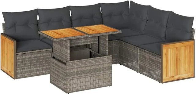 vidaXL 7-tlg Garten-Sofagarnitur in L-Form aus Polyrattan und Akazienholz mit grauen Kissen - Bild 1